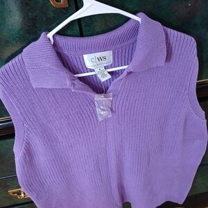 Purple sleeveless V-Neck Collared Sweater Top 1X Cotton